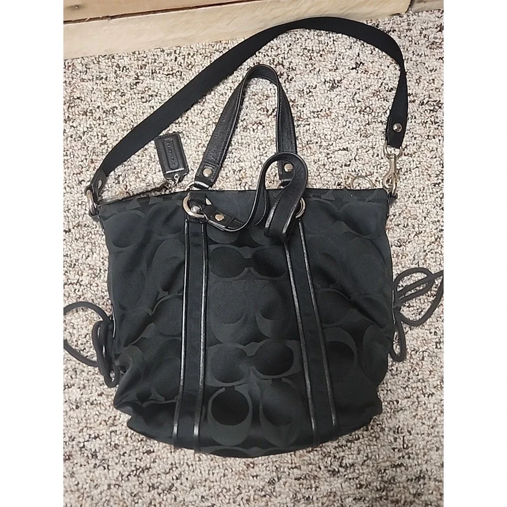 COACH POPPY SIGNATURE LUREX SPORTLIGHT BLACK JACQUARD TOTE SHOULDER BAG